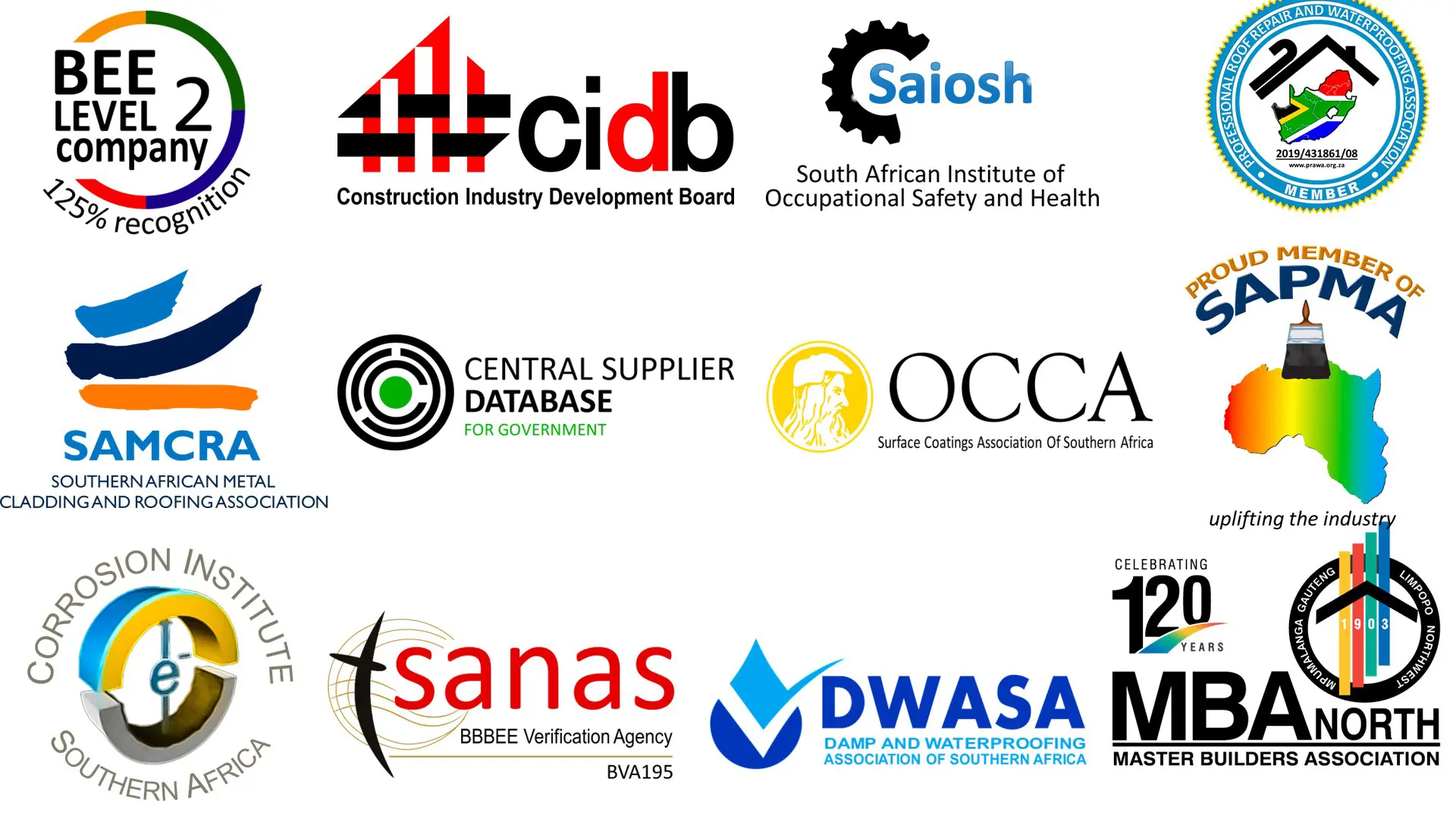 Collection of official logos from leading South African construction industry associations, covering building, roofing, and compliance.