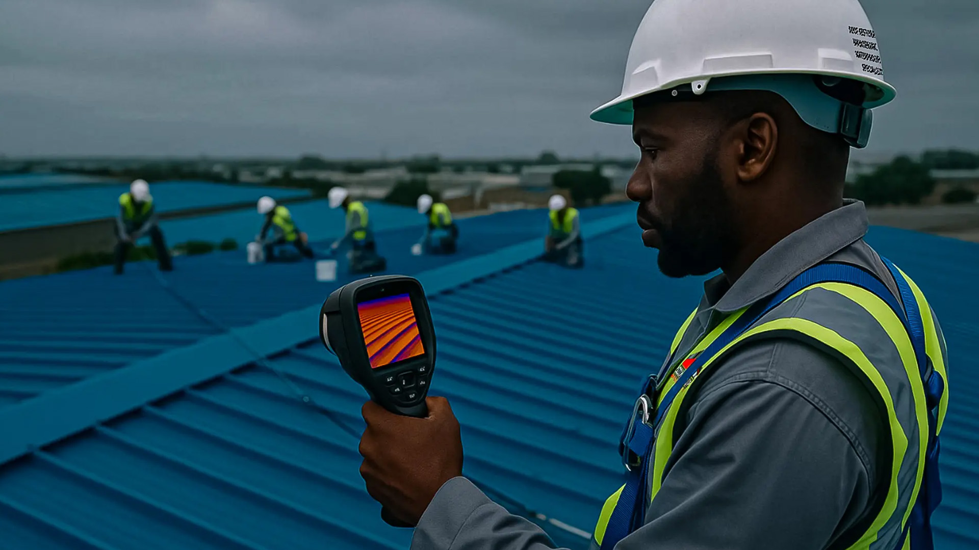 Technician uses thermal camera for leak detection and roof repair services on a large blue industrial roof.